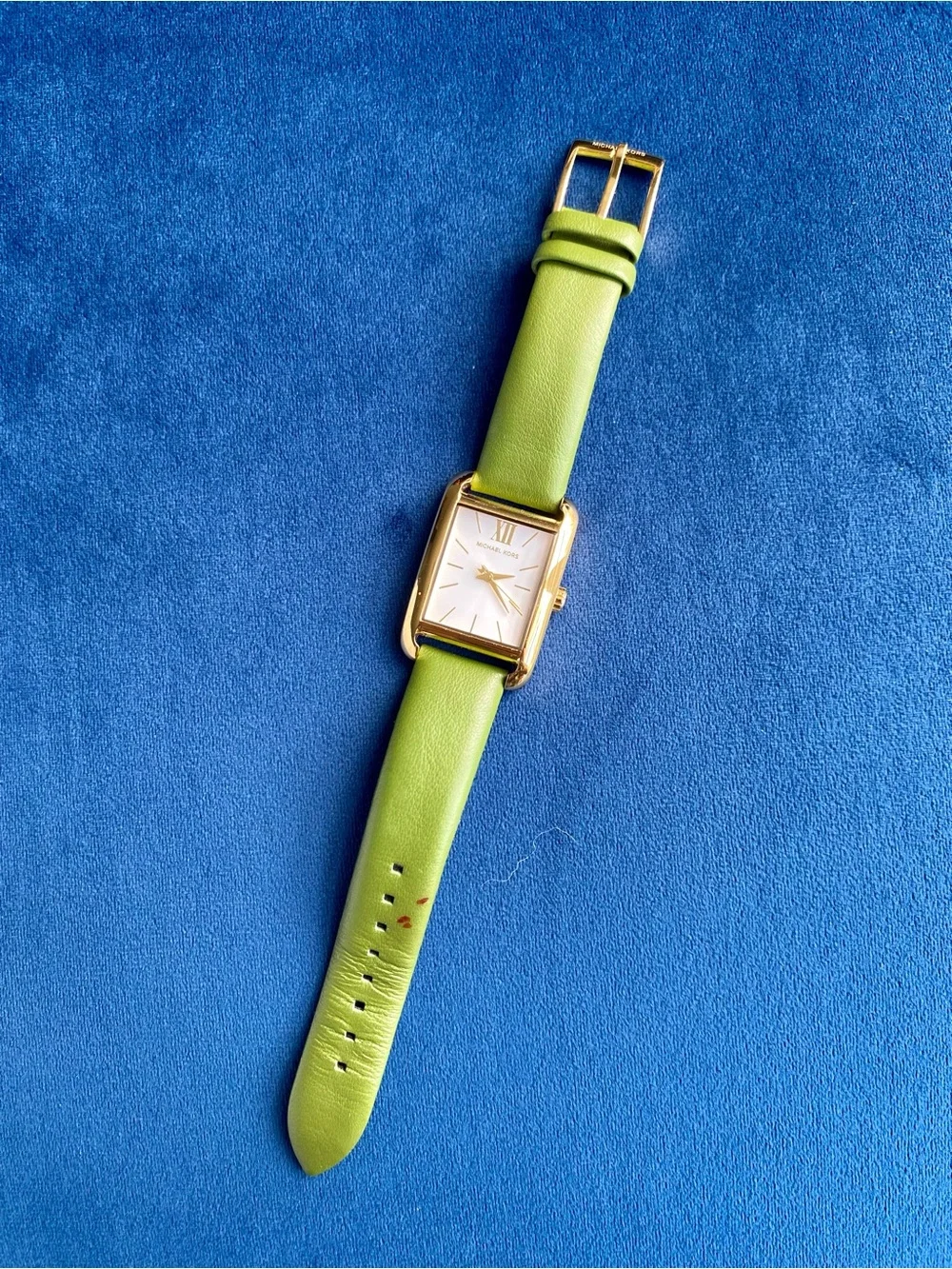 Michael Kors Green Leather Strap Gold-Tone Rectangular Watch